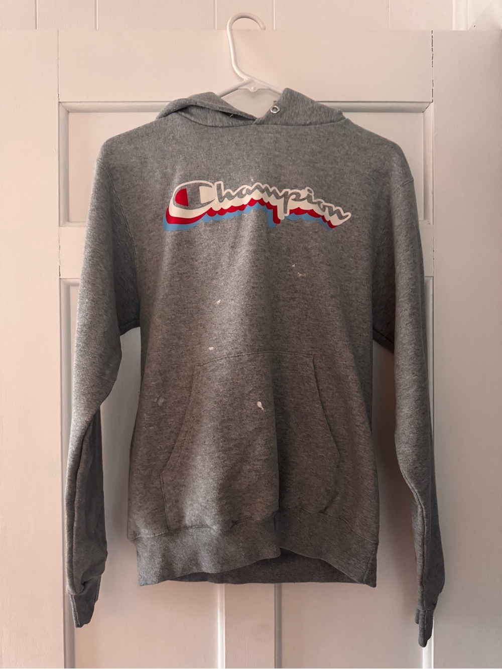 Champion Gray Hooded Sweatshirt with Red & Blue Logo